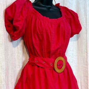 Scarlet Red Cotton Off Shoulder Fiesta Peasant  Dress with Removable Belt